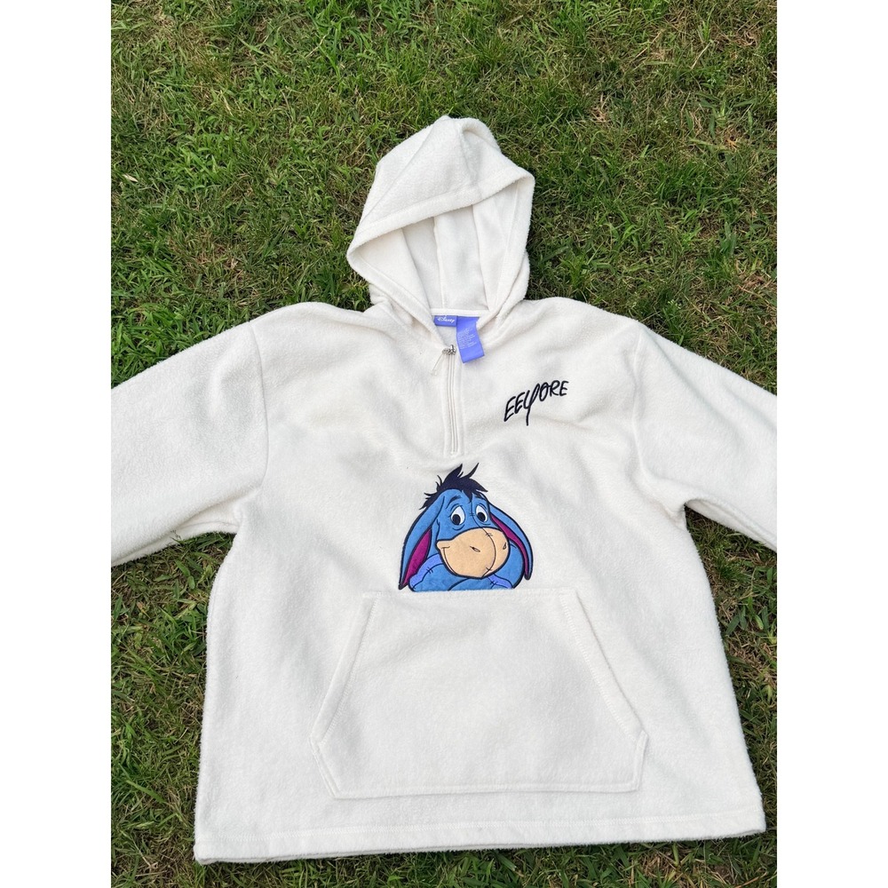 Disney Eeyore Womens Medium Cream Fleece 1/4 Zip Hoodie Winnie the Pooh Pullover